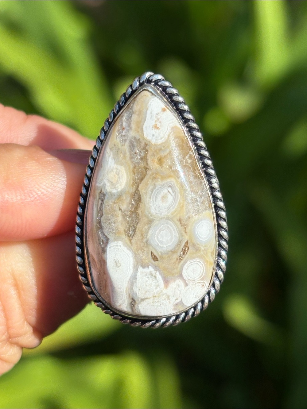 SIZE 6 Handcrafted Teardrop White Ocean Jasper Ring 925 Silver Plated